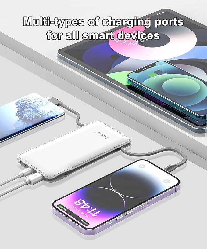 TG90° 2 Pack 10000mAh Slim Portable Charger with Built in Cables,Power Bank Travel Charger Cell Phone External Battery Pack,4 Output External Battery Pack Compatible with iPhone Android Phone