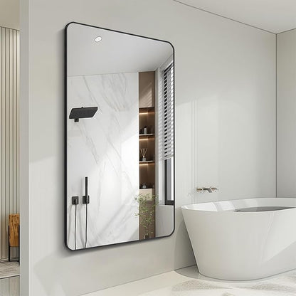 FORBATH Large Bathroom Mirror 36 x 55 Inches，Black Large Wall Mirror Aluminum Frame Wall Mounted Rounded Corner Morndern Mirror for Bathroom Bedroom Entryway Living Room