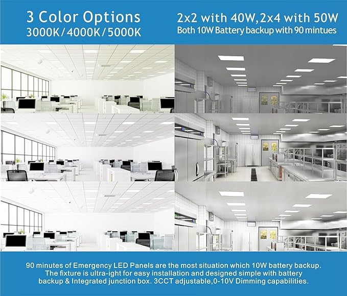 2X2 LED Flat Panel Light Emergency Battery Backup, 40W-3000K/4000K/5000K, 0-10V Dimmable, 4390 Lumens, LED Drop Ceiling Light, 100-277V, DLC and UL Listed, Ultra Thin Back-Lit (4 Pack)