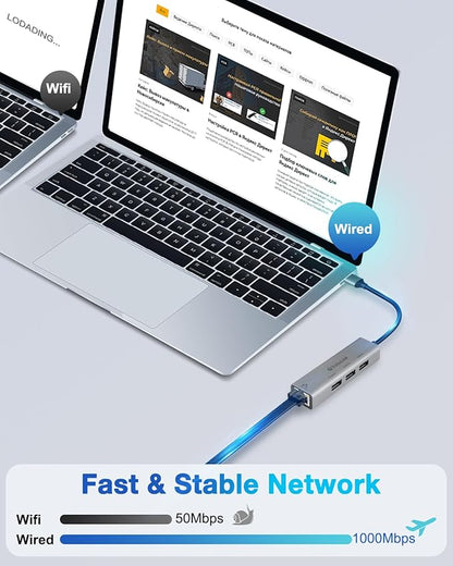 USB ethernet Adapter, USB 3.0 hub with rj45,4-in-1 3.0 Hub with Gigabit Ethernet Adapter, Gigabit Ethernet to USB Adapter for Laptop,PC, MacBook Pro, iPad Pro,and More Type A Laptops