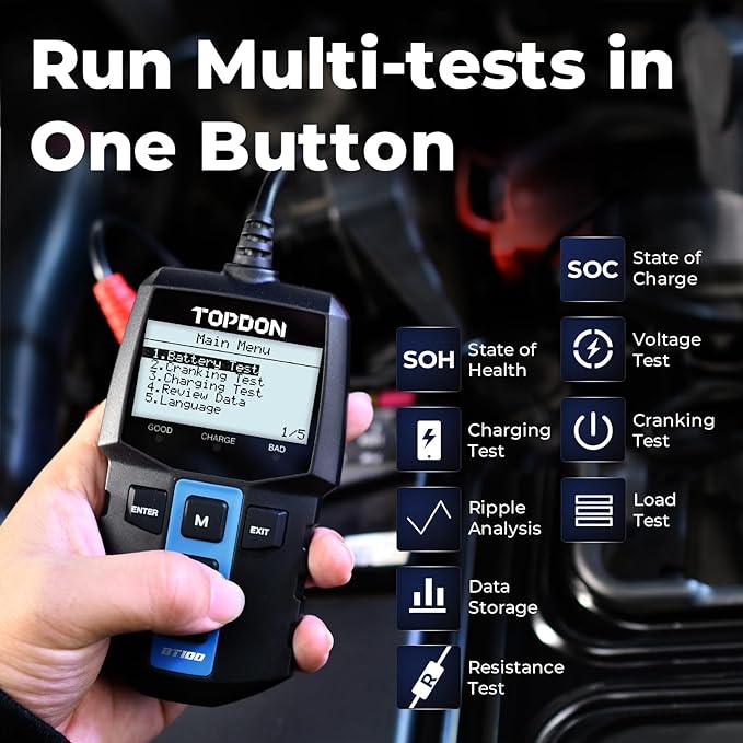 TOPDON BT100 Car Battery Tester 12V Load Tester, 100-2000 CCA Automotive Alternator Tester Digital Auto Battery Analyzer Charging Cranking System Tester for Car Truck Motorcycle ATV SUV Boat Yacht
