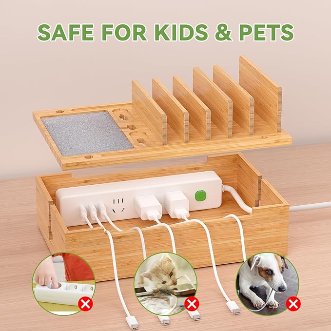 Pezin & Hulin Bamboo Charging Station for Multiple Devices, USB Charger Dock Organizer, with Power Supply (10 Ports HUB), 6 Cables, Cable Management Organizer for Cell Phones, Tablets -Natural Color