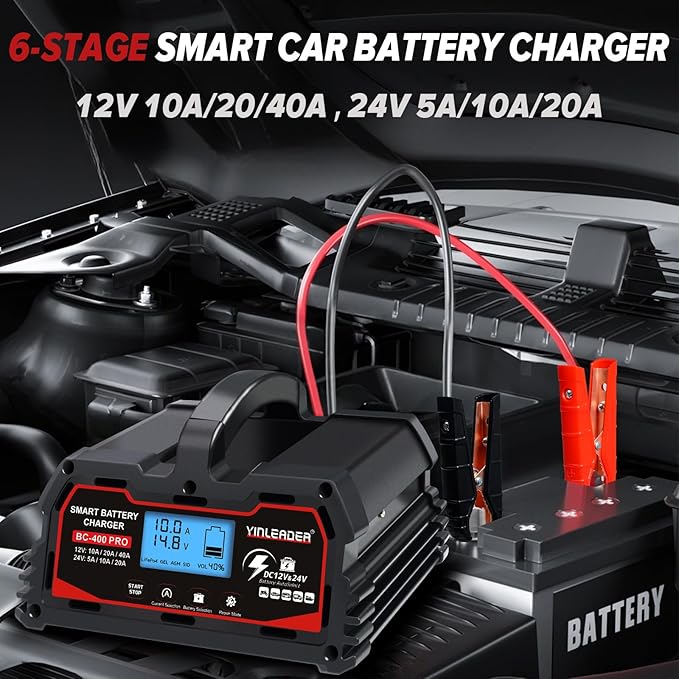 Battery Charger 40A, 12V/24V Lead Acid Smart Battery Charger, 12V LiFePO4 Car Battery Trickle Charger, Automatic Battery Maintainer for Car Motorcycle Lawn Mower Marine Boat Lead Acid Batteries