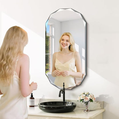 GLASHOM Beveled Edge Frameless Bathroom Mirror, Oval Wall Mirror for Over Sink, 18" x 36" Modern Decorative Vanity Mirror for Bedroom, Living Room, Entryway, Hanging Mirror Horizontal or Vertical