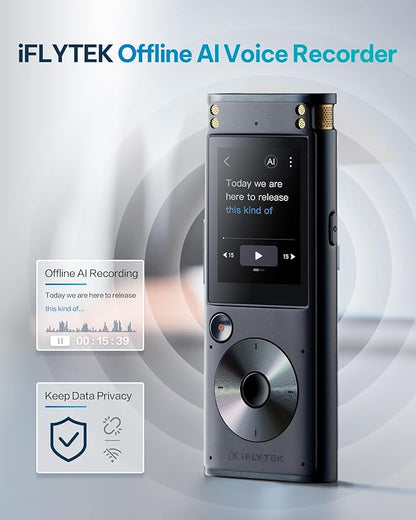 iFLYTEK Offline Voice Recorder with Playback, Secure Digital Recorder with AI Transcription, 5-Language Voice-to-Text, Noise Reduction, AI Voice Recorder for Meetings, Interviews, Learning