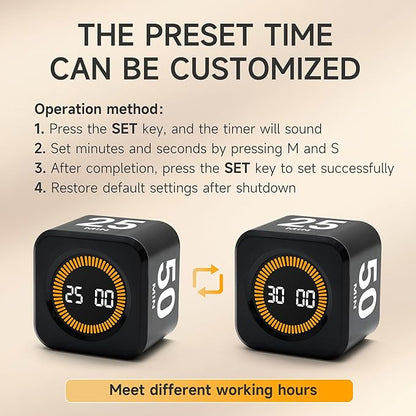 Rotating Productivity Timer 5, 25, 10, 50 Minutes Preset, Desk Cube w/Gravity Sensor for ADHD, Mute Functions, Ideal for Work, Study, Kitchen, Back to School (1, Black)