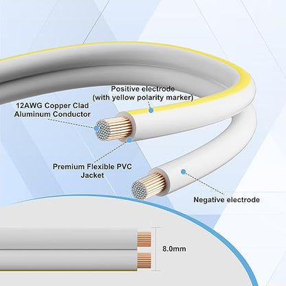 Mygatti 12AWG Speaker Wire 50 FT, 12/2 Gauge Audio Speaker Wire, for Car Speakers Stereo, Home Theater, Automotive Wire, White Jacket with Yellow Polarity Marker, CCA, 2 Conductors Electrical Wire