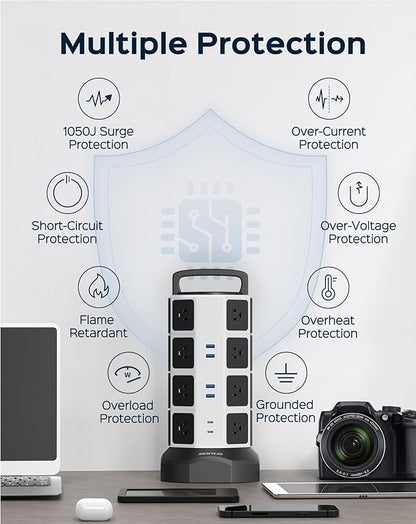 Power Strip Tower Surge Protector - JACKYLED 16 AC Outlets(13A) 6 USB Ports Electric Charging Station, 1050J Surge Electric Tower, 1625W Outlet Extender, 6.5ft Heavy Duty Extension Cord for Home