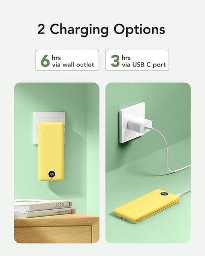 VRURC Portable Charger with Wall Plug, 10000mAh Slim Portable Charger Built in Cables,PD 20W Fast Charging Power Bank with Cords,USB C Portable Phone Charger Travel Accessories -Yellow(1 Pack)
