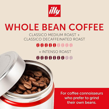 illy Whole Bean Coffee, Classico Medium, Decaffeinated and Intenso Bold Roasts, 100% Arabica, Premium Italian Coffee, Ideal for Espresso, Drip, Moka and French Press Brewing, 8.8oz, 12 Variety Pack