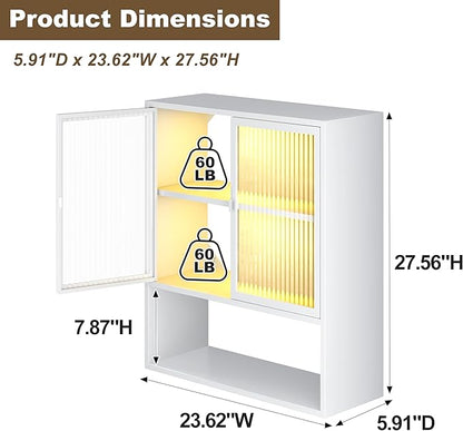 Wall Mounted Bathroom Cabinet with Glass Doors, Metal Over Toilet Storage Cabinets with Open Shelves, Medicine Cabinets for Bathroom, Living Room, Bedroom, White