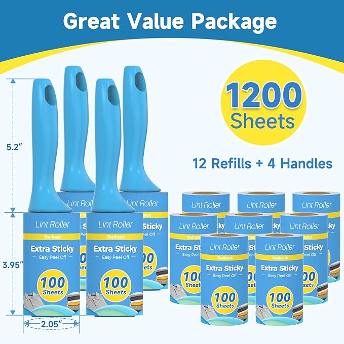 Swihauk 1200 Sheets Extra Sticky Lint Rollers for Pet Hair, Easy Spiral Tear Lint Roller for Clothes with Ergonomic Handle, Multipurpose Lint Remover for Furniture, Carpet, Car Seat