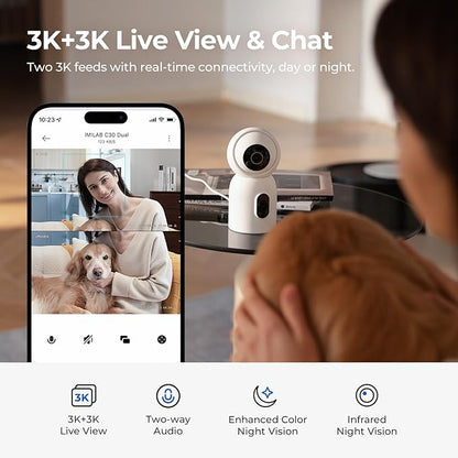 IMILAB C30 Dual Security Camera Indoor, 3K+3K Lens Pet/Baby Monitor Camera, 360° Home/Room Cam for Bedroom, Cry/Smoke/Fire/Person Alerts, App Control, Plug-in 5G WiFi Cam, Wall Mount, No Monthly Fee