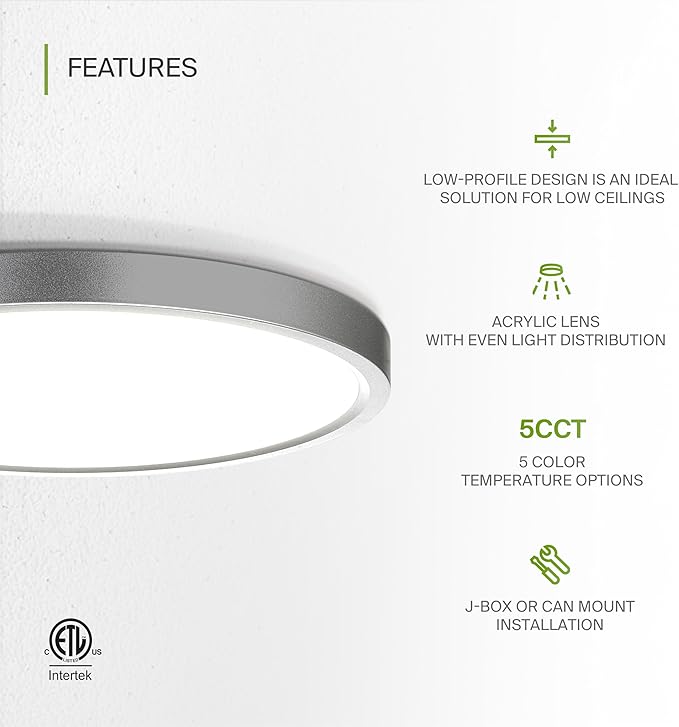ASD LED 9" Round Flush Mount Ceiling Light Fixture, Low Profile Surface Lighting | 5CCT, Dimmable, Ultra-Thin, ETL Listed | 18W 1660LM 2700-6000K 120V | Kitchen, Bedroom, Hallway Lamp | Nickel
