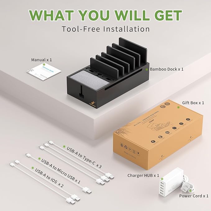Pezin & Hulin Multi Charger Station Organizer, 5-Port USB Charger Dock with 6 Cables, Cable Management Box, Cord Organizer for Desk, Wire Organizers and Storage for Cords and Power Strip -Black