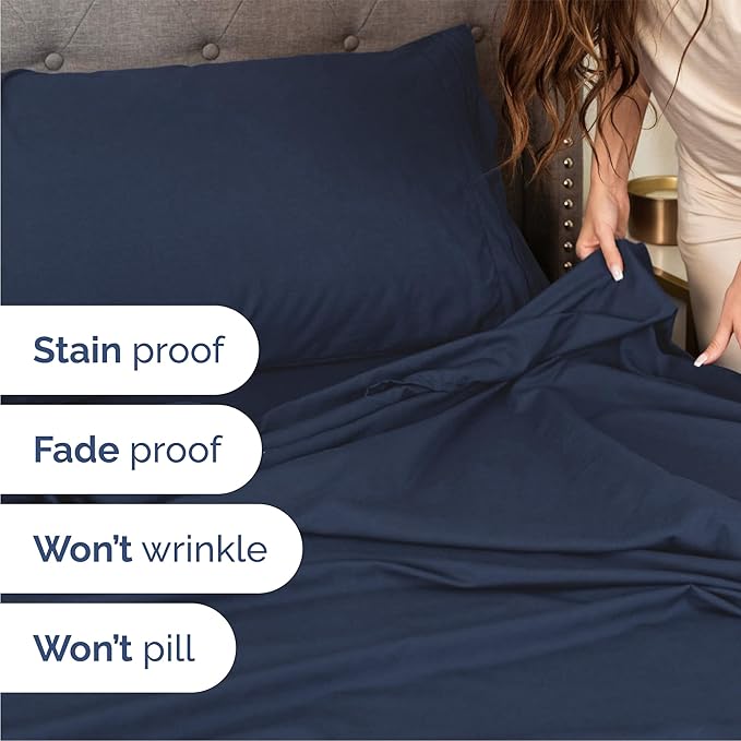 Queen Size 4 Piece Sheet Set - Comfy Breathable & Cooling Bed Sheets Set - Hotel Luxury Bedding for Women, Men, Kids, Teens, Boys & Girls - Deep Pockets, Soft and Wrinkle Free - Oeko-Tex - Navy Blue