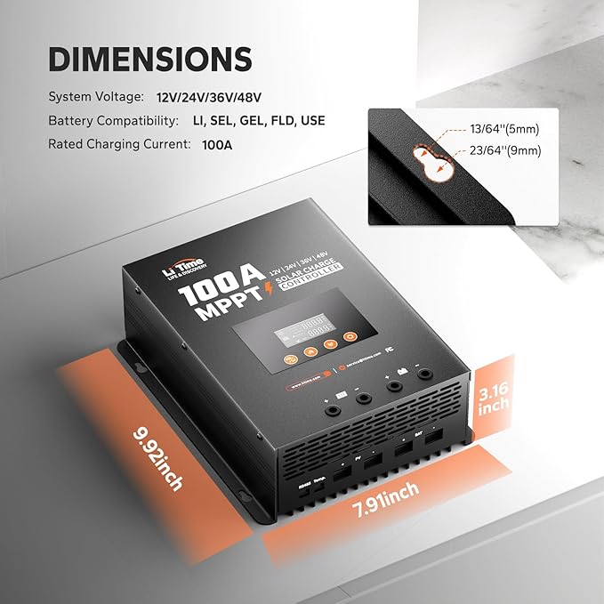 LiTime MPPT Solar Charge Controller (Bluetooth) - Solar Panel Regulator -150V, 100Amp, 12/24/36/48Volt for LiFePO4 and Lead-Acid Battery in Solar System