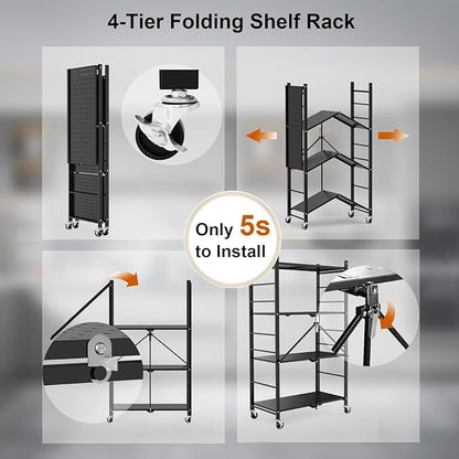 Himix Storage Shelves with 20 Hooks, 4-Tier Foldable Shelves for Storage, Folding Shelf Unit Pantry Shelves with Wheels, Metal Shelving Storage Rack Shelf for Kitchen Garage Home, Black - No Assembly