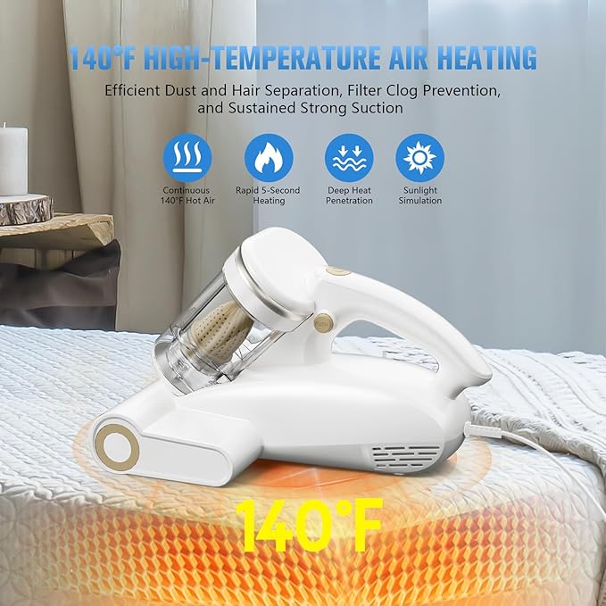 Bed Vacuum Cleaner Mattress Vacuum Cleaner,16Kpa Powerful Handheld Vacuums with UV-C Light & Double Dust Cup & High Heating & Ultrasonic & Anion for Bed Sofa