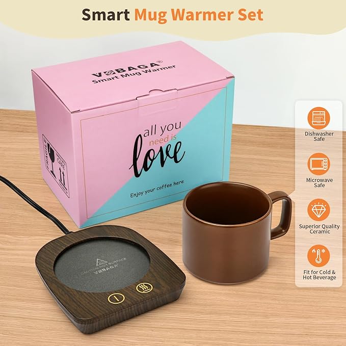 VOBAGA Coffee Mug Warmer & Mug Set, Coffee Cup Warmer with Auto Shut Off & 3 Temperature Settings for Desk Home Office, Coffee Warmer for Cocoa Milk Candles, Christmas Birthday Gifts for Women and Men