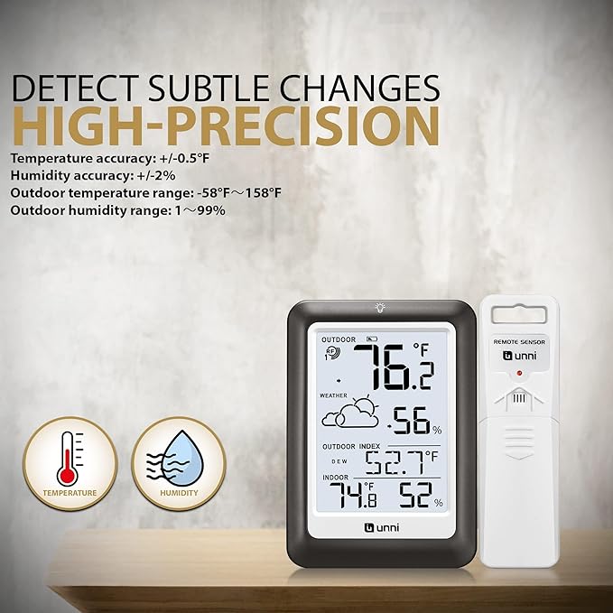 Indoor Outdoor Thermometer Wireless Weather Station, Temperature Humidity Monitor Battery Powered Inside Outside Thermometers with 330ft Range Remote Sensor and Backlight Display（Metal Black）