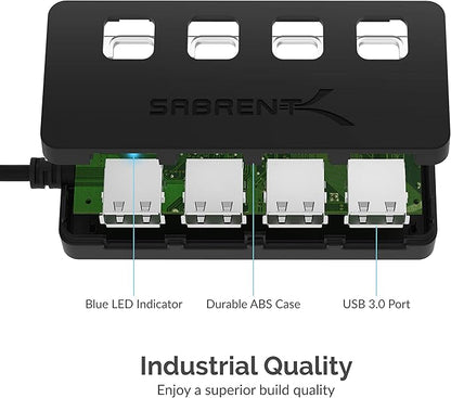 SABRENT 4-Port USB 3.0 Hub with Individual LED Power Switches - Slim, Portable Design - 2 Ft Cable - Fast Data Transfer - Compatible with Mac & PC (HB-UM43)