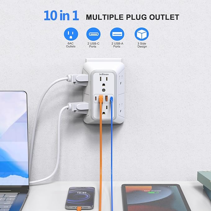 2 Pack Outlet Extender Surge Protector, 6 Outlet Splitter with 4 USB Outlet (2 USB A,2 USB C), 3Sided Power Strip with Adapter Spaced Outlets for Home, Office, Travel(White)