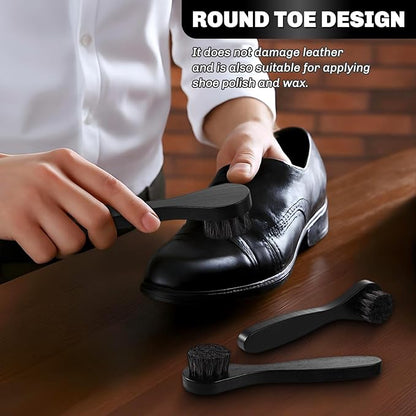4 Pcs Horsehair Shine Shoes Brush Kit Polish Dauber Applicators Cleaning Leather Shoes Boots Care Brushes Suede Cleaner Brush with Microfiber Shoe Cloth(Black Handle A)