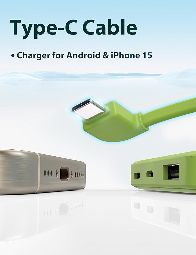 miisso 6000mah Ultra Slim Built in Cables Power Bank, Card Size Built in USB C Cords Battery Pack Portable Charger for Phones, 3 Output External Battery Pack Compatible with iPhone, Deep Green