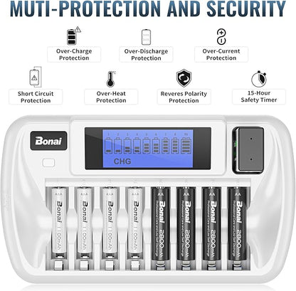 BONAI Rechargeable AAA Batteries with Charger, 8+1 Bay Battery Charger AA AAA with LCD Display for 1.2V NiMH AA AAA 9V, 1100mAh High Capacity Low Self Discharge- 8 Pack