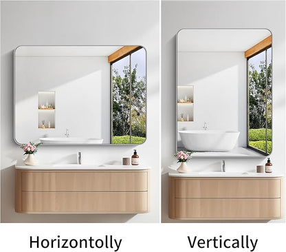 FORBATH 36x48 Inch Silver Bathroom Mirror for Over Sink, Large Rectangular Wall Mirror with Metal Frame, Rounded Corners for Bathroom, Bedroom, Entryway Decor (Horizontal or Vertical)