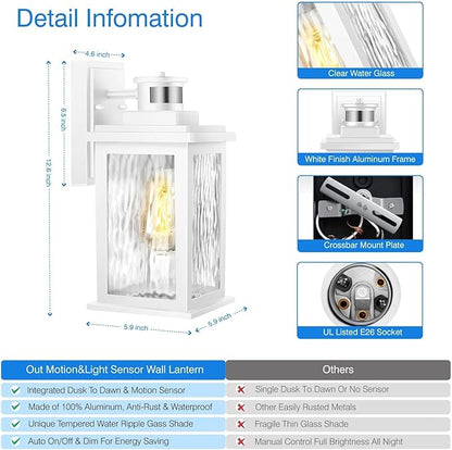 VIANIS 2 Pack Motion Sensor Outdoor Wall Lantern, White Dusk to Dawn Outdoor Lighting Wall Mount, Anti-Rust Waterproof Exterior Light Fixture with Tempered Glass for House Front Porch Garage Entryway