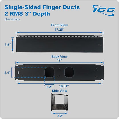 ICC 2U Finger Duct Cable Manager Panel with Cover, Plastic with Metal Back Frame, 3" Depth, Horizontal Cable Management, Rackmount for 19” Network Racks, Black, 6-Pack