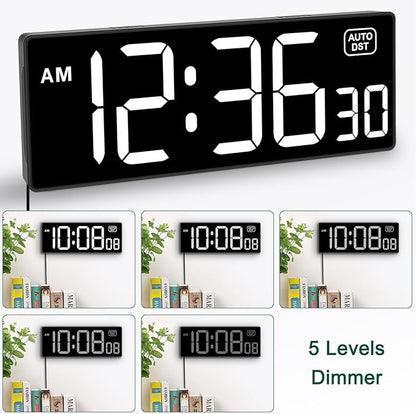 Soobest LED Digital Wall Clock with Seconds, Electric Clock Plug Auto DST Dimmer LED Large Display 10 Inches (White)