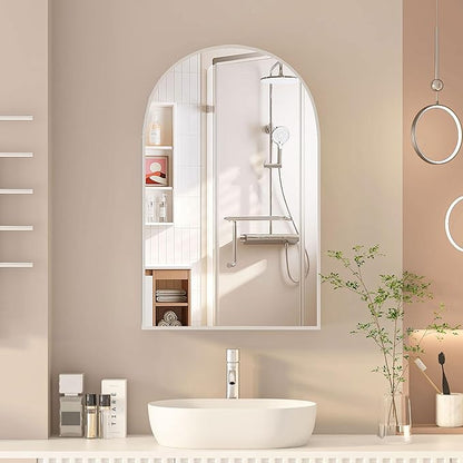 Arched Medicine Cabinet with Mirror,Brushed Nickel Mirror Cabinet with Storage,Adjustable Shelves, Wall Mounted Only, Modern Bathroom Storage,20x32 Inch