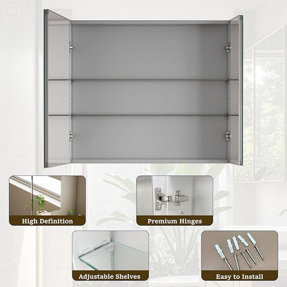 Bathroom Medicine Cabinet with Mirror, 30 Inch x 26 Inch Bathroom Mirror Cabinet with Double Door & Adjustable Shelves, Surface Mount or Recess Installation