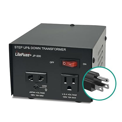 LiteFuze 500W Japan Voltage Converter Transformer – Step Up/Down 100V to 120V / 120V to 100V – Heavy Duty Power Converter with Fuse Protection & Fully Grounded Cord (JP-500)