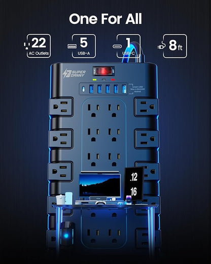 Power Strip Surge Protector, SUPERDANNY 8Ft Long Extension Cord with 6 USB Charging Ports and 22 AC Outlets, 1875W/15A, 2100 Joules, Flat Plug Power Outlet for Home, Office, Dorm, Gaming Room, Black