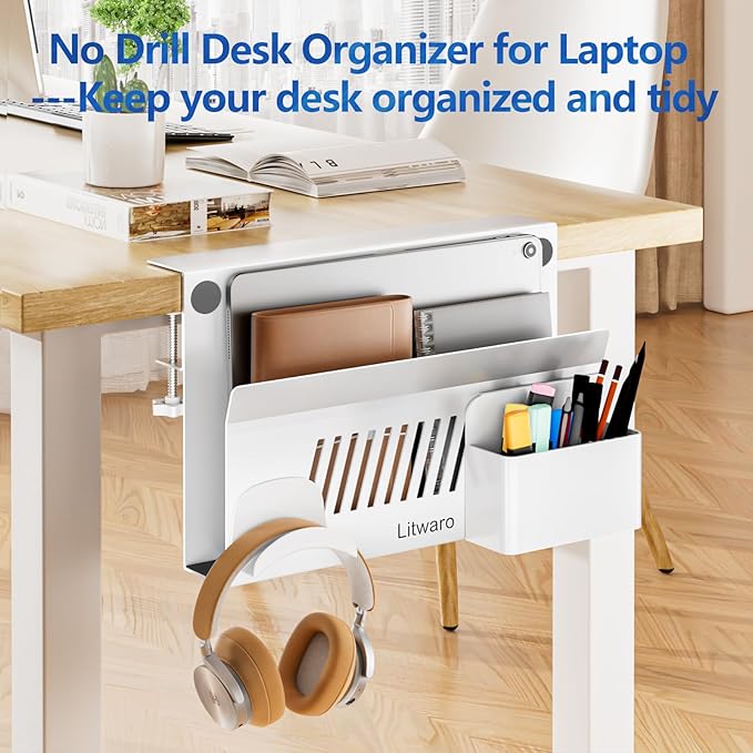 Litwaro Desk Side Storage Organizer, Under Desk Laptop Holder No Drill, Laptop Mount with Magnetic Pen Holder, Hanging Desk Organizer Fits Flat Edge Desks 0.4" to 2.1" (White)