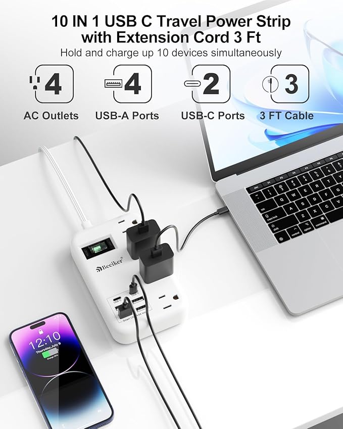 6 USB(2 USB C) Travel Power Strip- Flat Plug Extension Cord 3 Feet with 4.8A 24W USB Charging Station and 4 Outlets, 3 FT Short Extension Cord Portable for Travel Cruise Office College Dorm
