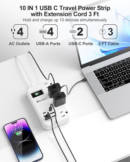 6 USB(2 USB C) Travel Power Strip- Flat Plug Extension Cord 3 Feet with 4.8A 24W USB Charging Station and 4 Outlets, 3 FT Short Extension Cord Portable for Travel Cruise Office College Dorm