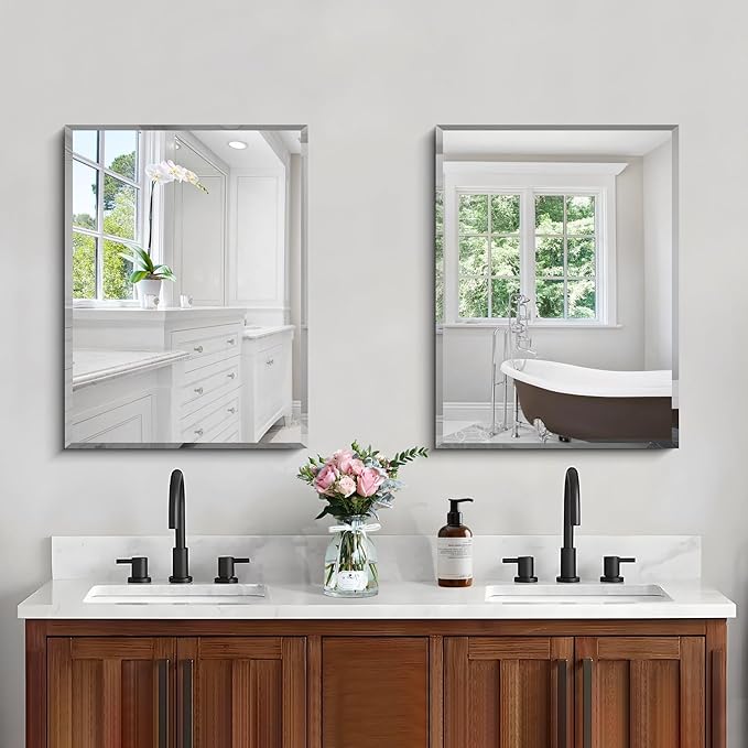 CILIBER 18x24 Beveled Mirror, Frameless Beveled Bathroom Mirrors for Wall, Upgraded Shatterproof Rectangle Vanity Mirror with Beveled Edge for Bathroom, Bedroom, Living Room and Entryway