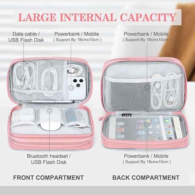 FYY Electronic Organizer, Large Travel Cable Organizer Bag Pouch Electronic Accessories Carry Case Portable Waterproof Double Layers All-in-One Storage Bag for Cable, Cord, Charger, Phone, Pink