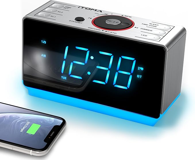 iTOMA Alarm Clock Radio with Bluetooth Speaker, FM Radio, Dual Alarm with Snooze, Large LED Display, Dimmer Control, USB Charging Output and Night Light CKS708