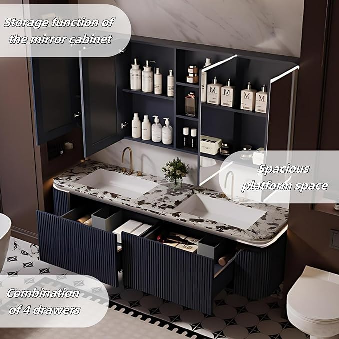Bathroom Vanity with Double Sinks - LED Smart Defogging Mirror & Equipped with Tissue Hole | Modern Double Sink Bathroom Cabinet, 2 Drawers & Wavy Panel, Dark Blue (Mirror, 88IN)