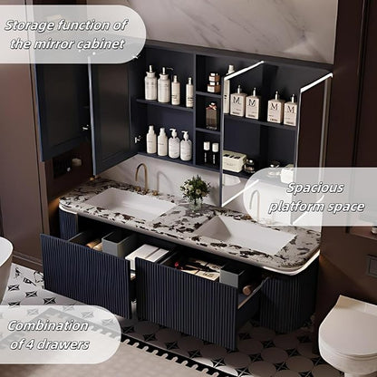 Bathroom Vanity with Double Sinks - LED Smart Defogging Mirror & Equipped with Tissue Hole | Modern Double Sink Bathroom Cabinet, 2 Drawers & Wavy Panel, Dark Blue (Mirror, 88IN)
