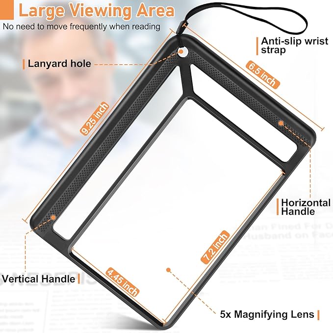 5X Full Page Magnifying Glass for Reading, Lightweight Rectangular Magnifier Provides Large Book Page Viewing Area, Upgraded Handheld Magnifier for Reading Small Prints for Seniors, Low Vision