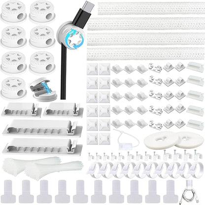 ELII 328Pcs Cable Management Kit, 8 Magnetic Cable Clips,69Adhesive Cable Holder,4 Cable Sleeve Split,22Reusable Cable Strap,200 Nylon Cable Zip Ties with 25 Mounts TV Home(White)