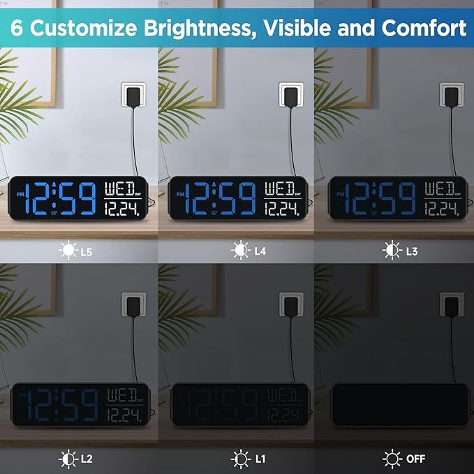 Peakeep Large Display Digital Alarm Clock for Bedrooms, Date Day of Week Calendar Desk Table Clocks for Living Room Office, Dimmable Plug in Electric Clock, 5 Volumes, Loud, Auto DST