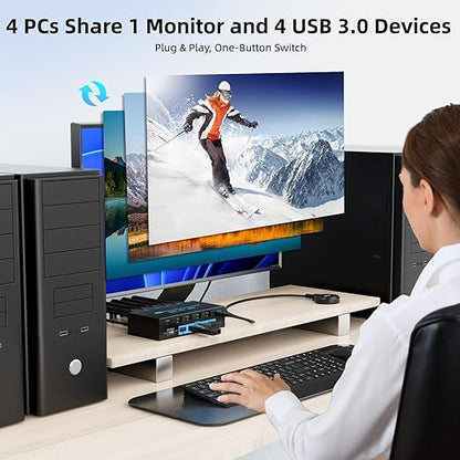 8K HDMI 2.1 KVM Switch 4 Computers 4 Port USB 3.0 8K@60Hz/4K@144Hz 4 In 1 Out Keyboard Mouse KVM Switches EDID Emulator for 4 PCs Share 1 Monitor and 4 USB Devices, with 4 USB 3.0 Cable & Wired Remote